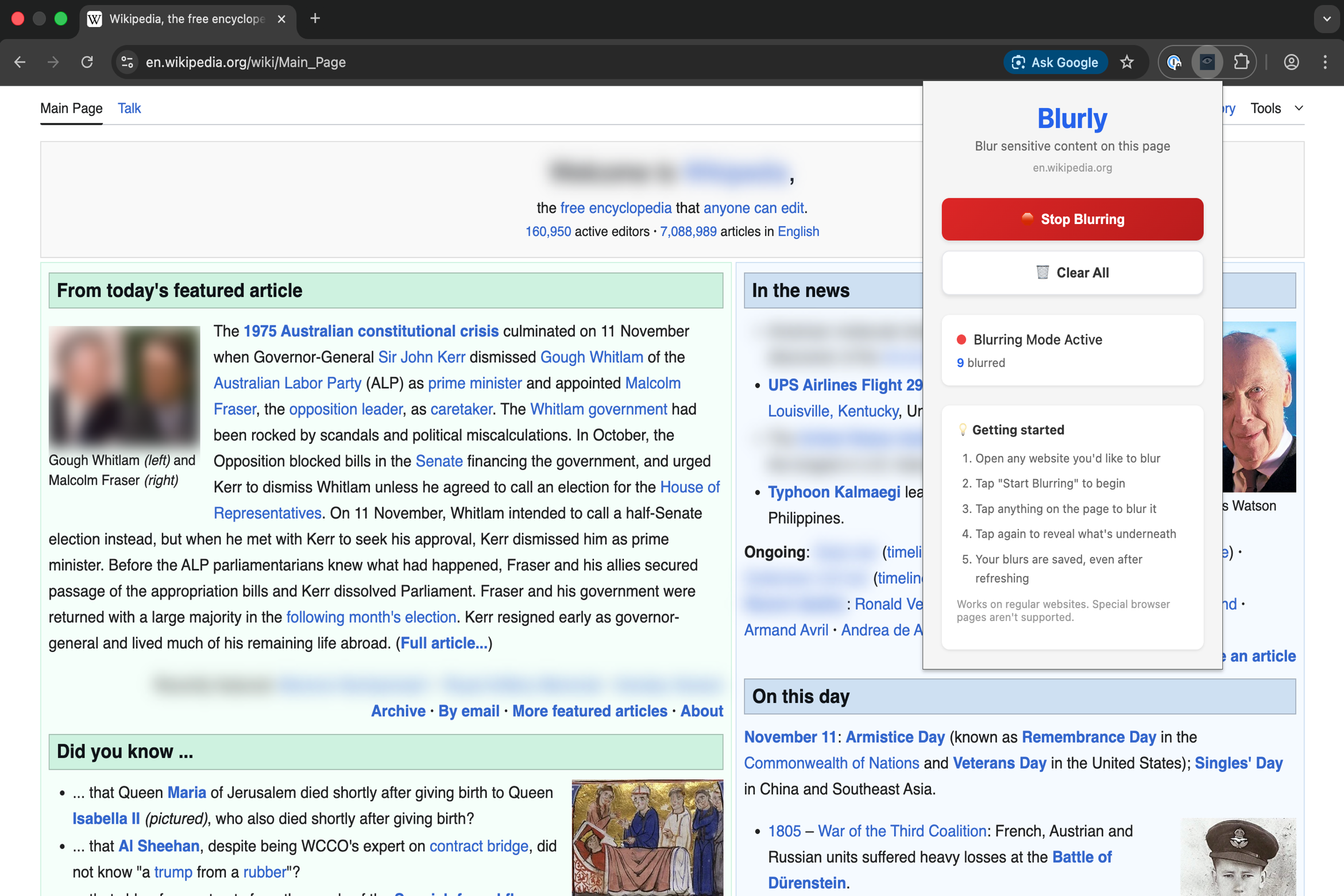Blurly browser extension in action