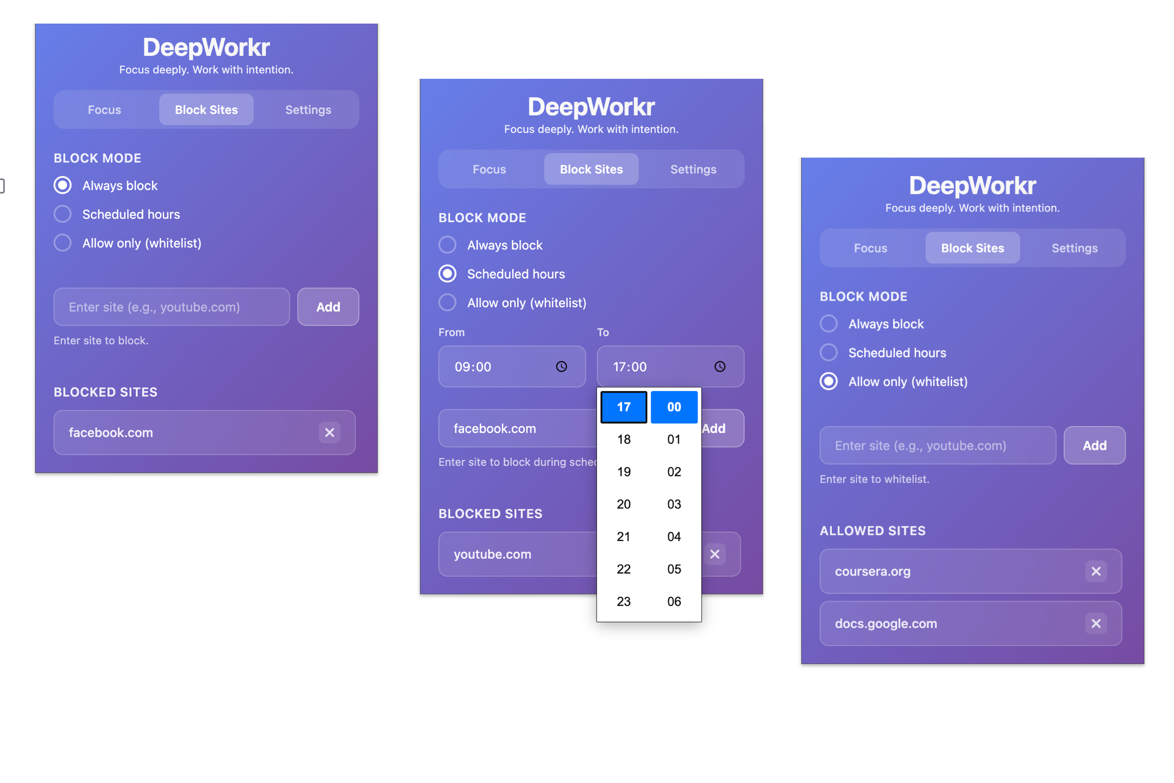 DeepWorkr pomodoro timer and website blocker extension interface